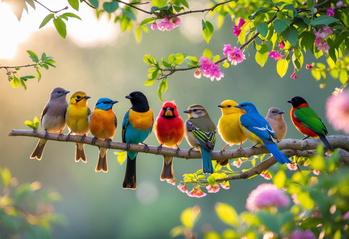 A variety of colorful birds perched on branches surrounded by green leaves and flowers in soft morning light.