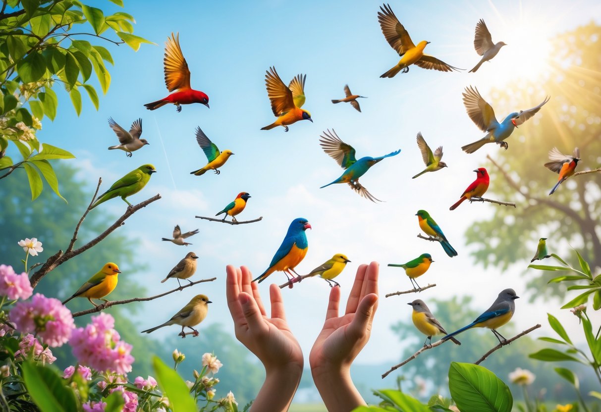 A person gently holding a small bird outdoors surrounded by colorful birds, flowers, and trees under a clear sky.