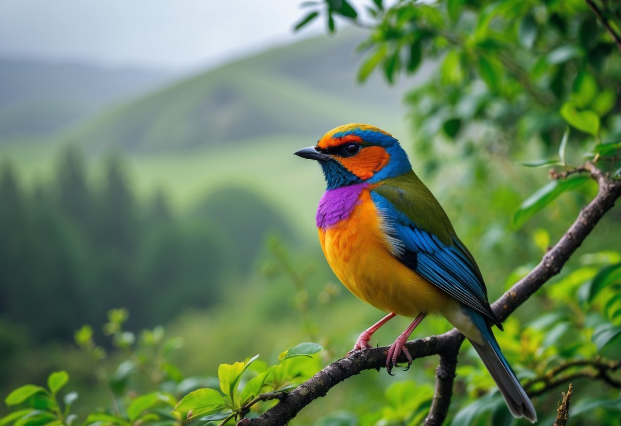A colorful bird perched on a branch in a green Scottish woodland with hills in the background.
