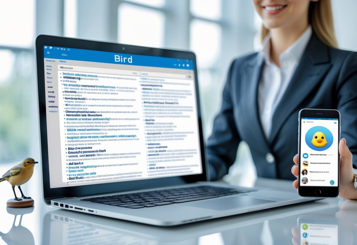 A woman in business attire at a modern office desk with a laptop and a bird figurine, holding a smartphone showing a bird emoji.