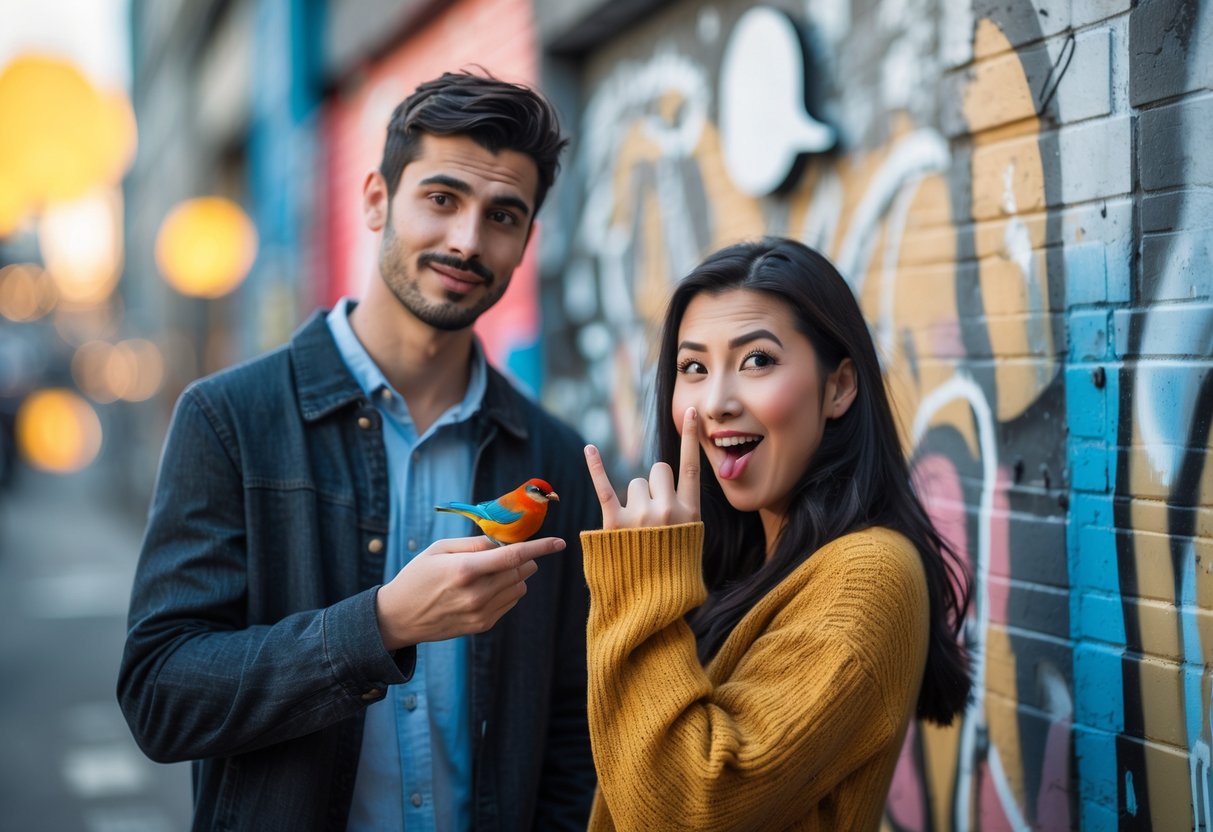 A young man holding a small colorful bird on his finger and a woman making a playful hand gesture near her mouth in an urban setting with graffiti on the wall.