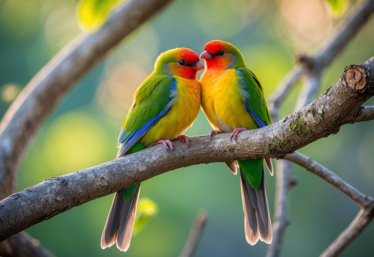 Two colorful love birds perched closely together on a tree branch.