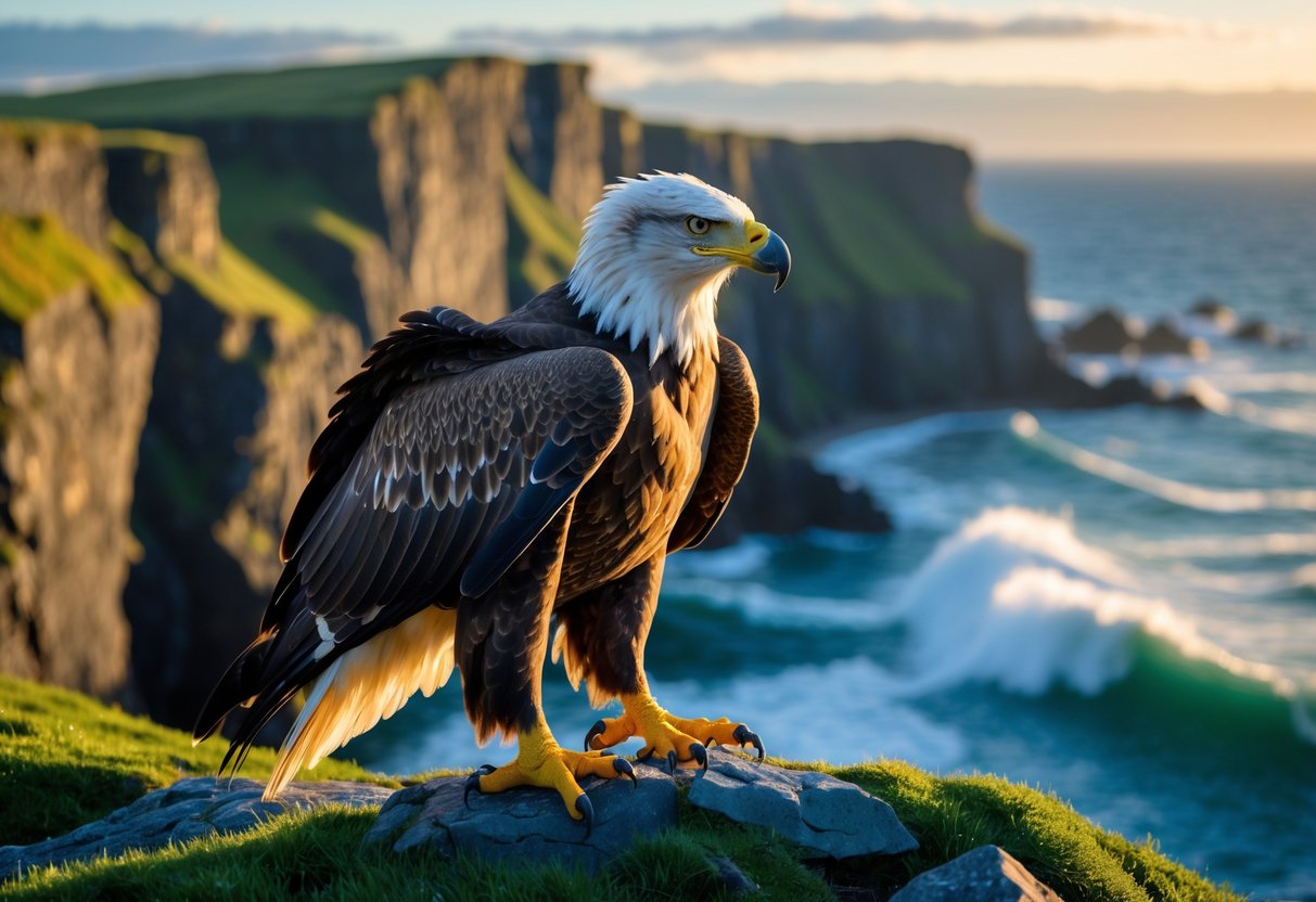 A white-tailed eagle perched on a rocky coastal cliff overlooking the sea in Ireland.