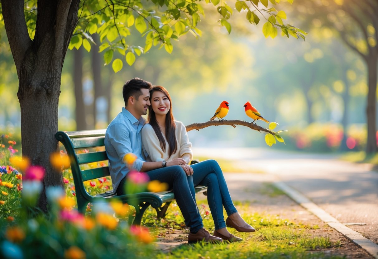 A young couple sitting closely on a park bench smiling at each other with two small birds perched nearby on a tree branch.