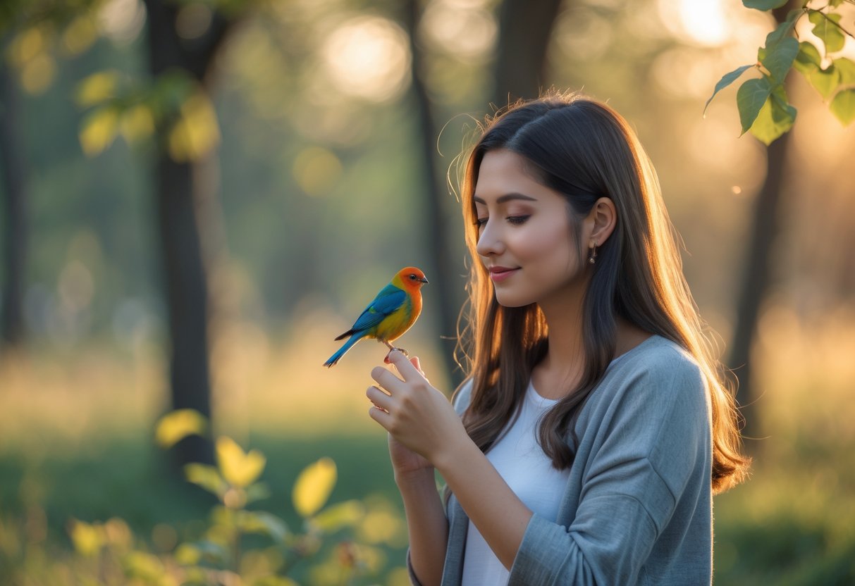 A young woman outdoors gently holding a small bird on her finger, looking at it thoughtfully with trees and warm sunlight in the background.