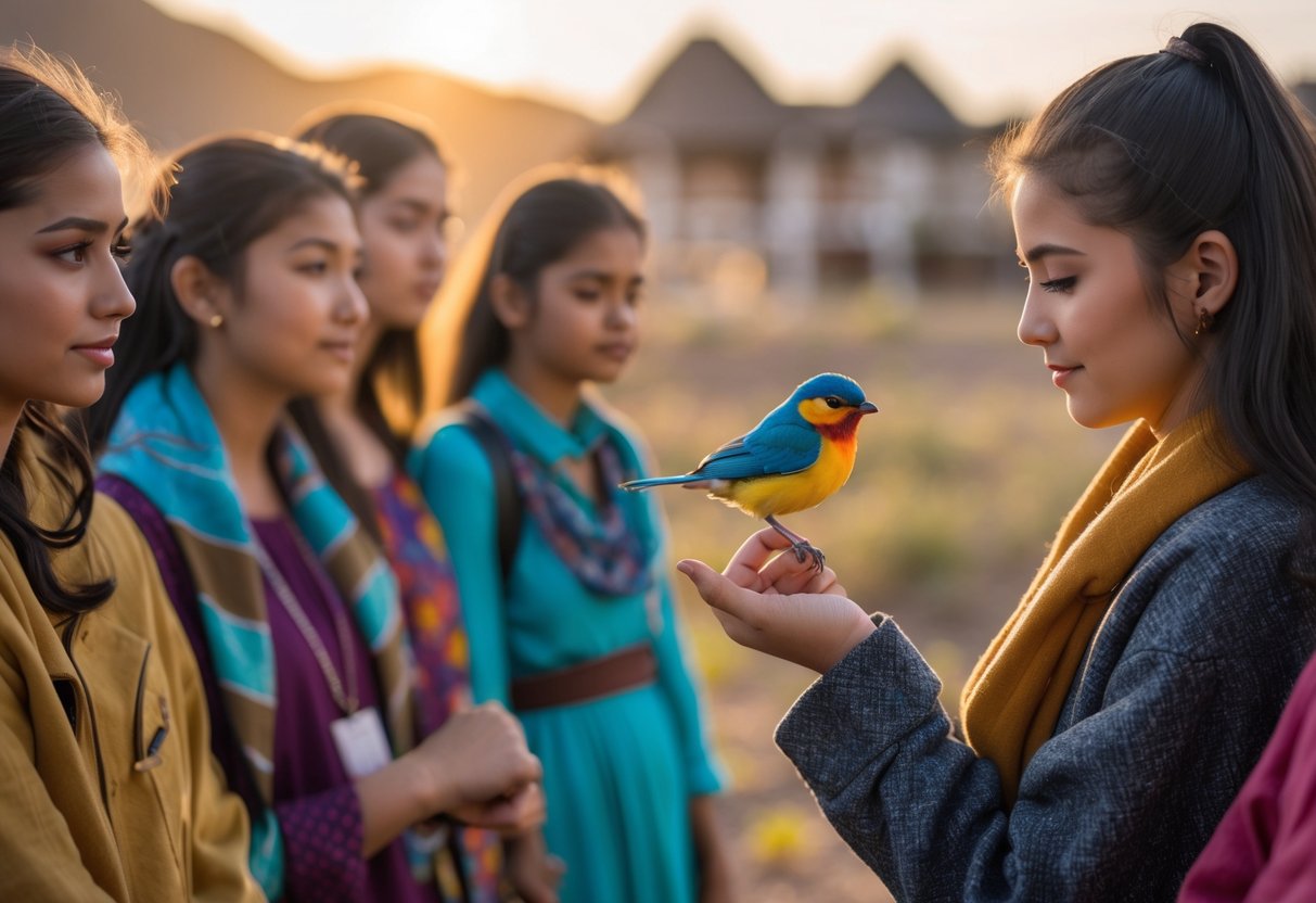 A diverse group of young women outdoors, one gently holding a small colorful bird on her finger, with natural and cultural background elements representing different regions.