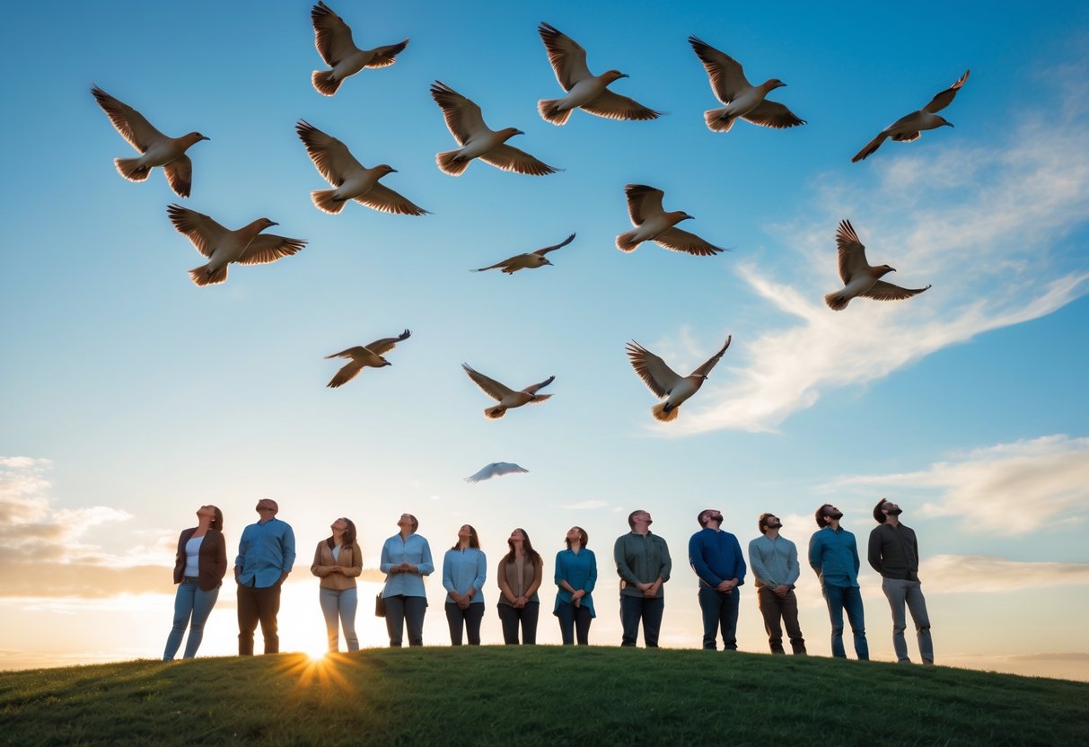 A group of people standing on a grassy hill looking up at a flock of birds flying in the sky.