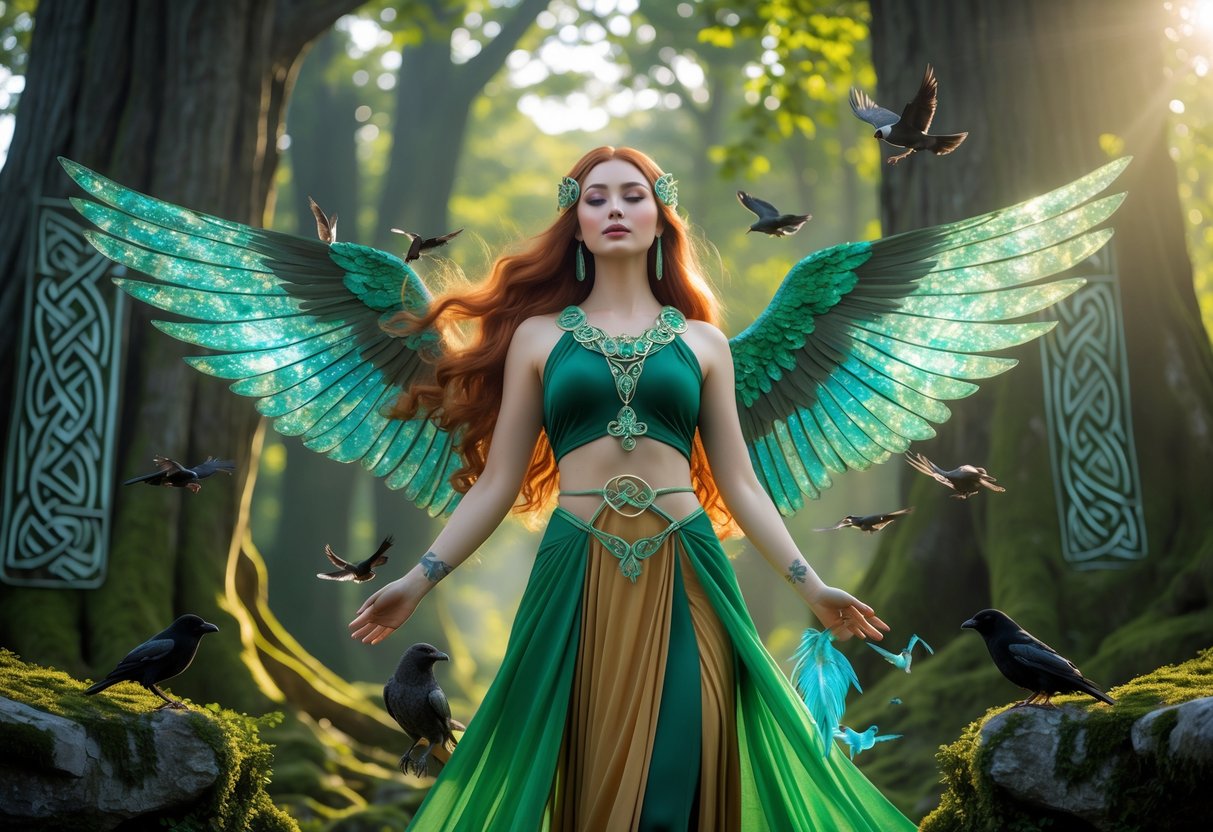 A woman dressed in green and gold robes with bird wings stands in a sunlit ancient forest surrounded by birds and Celtic symbols.
