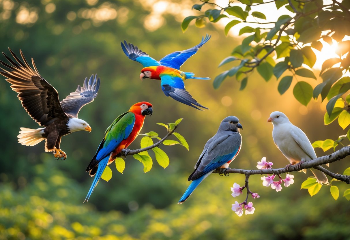 A variety of birds including an eagle, dove, parrot, and songbird in a sunlit forest setting, representing different symbolic meanings.