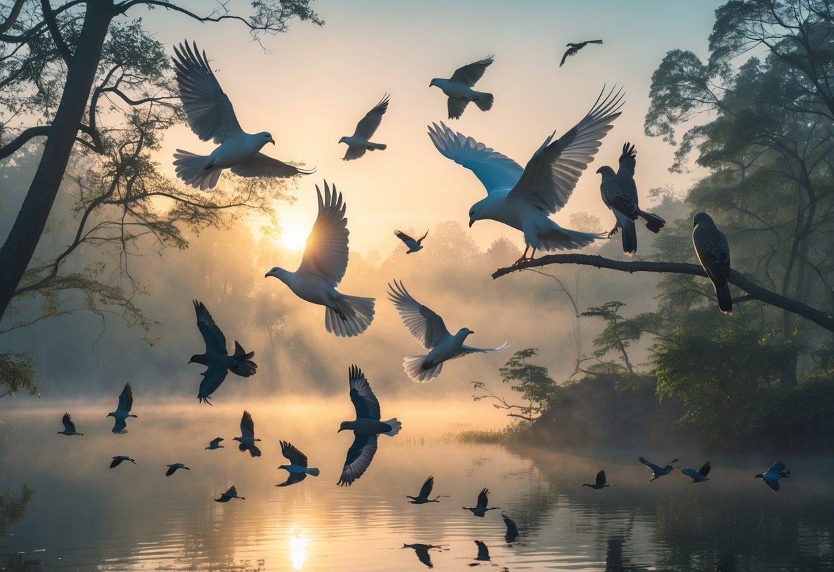 A peaceful sunrise over a lake with various birds flying and perched on trees, symbolizing freedom and hope.