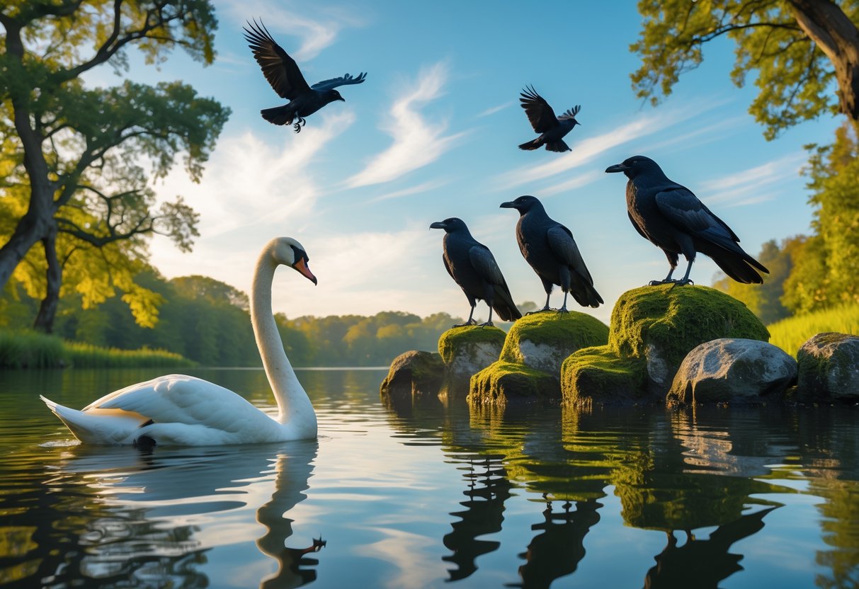 A swan gliding on a lake with ravens perched on stones nearby and crows flying overhead in a sunlit forest setting.
