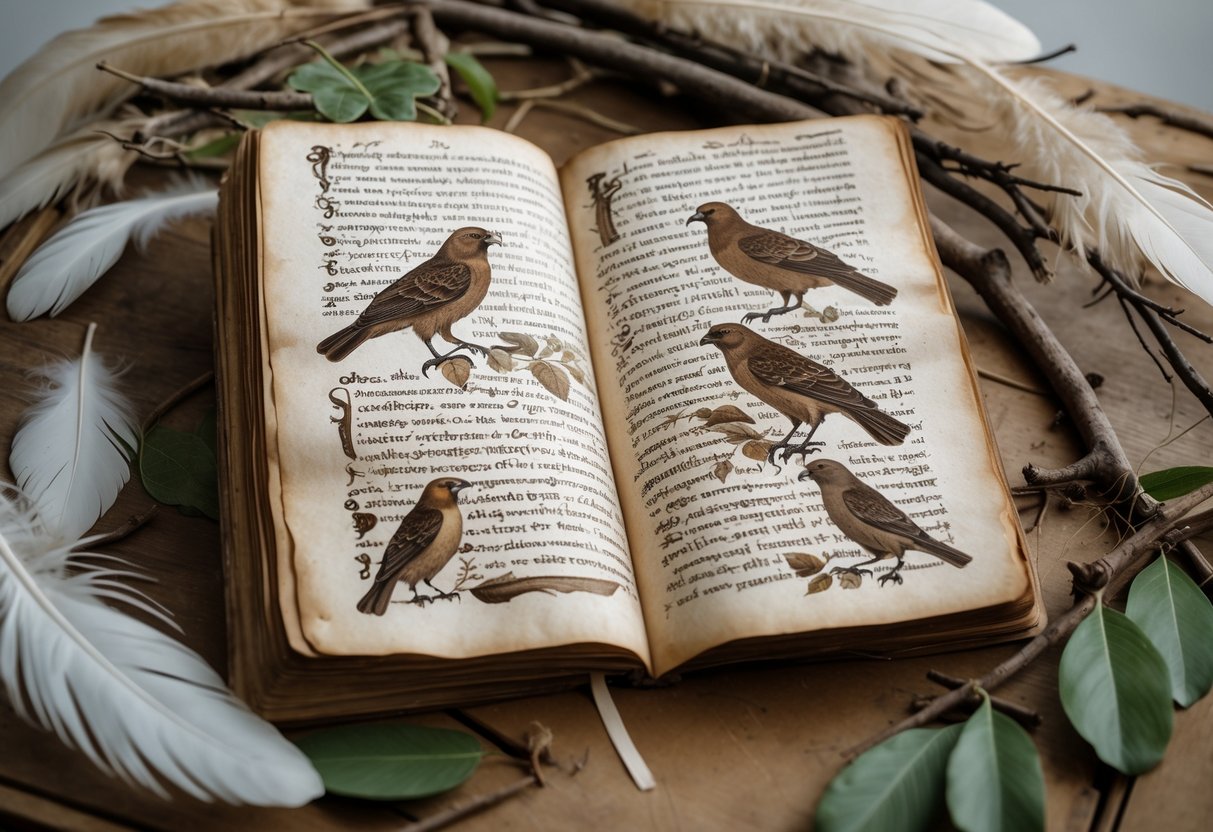 An open ancient manuscript with bird illustrations, feathers, and natural elements arranged on a wooden table.