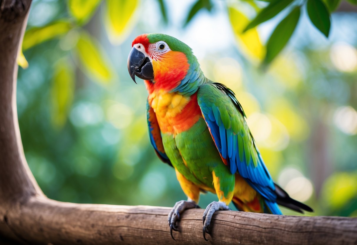 A colorful parrot perched on a branch with its beak open as if talking.