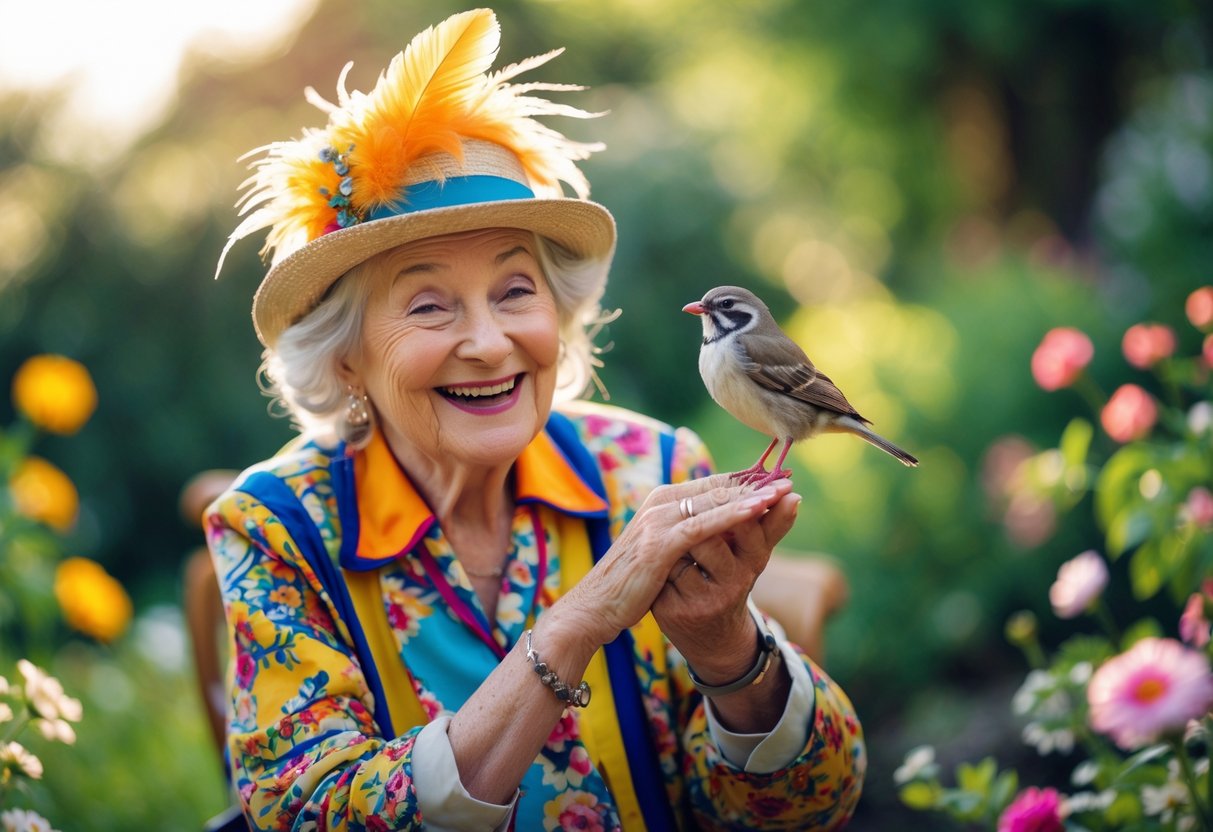 An elderly person with a joyful expression holding a small bird in a sunlit garden.