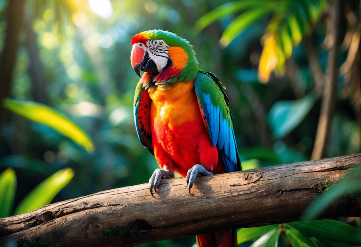 A colorful parrot perched on a branch in a tropical rainforest with green foliage in the background.