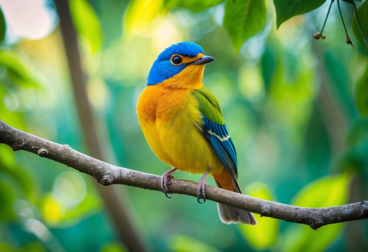 A colorful bird perched on a branch in a green forest.