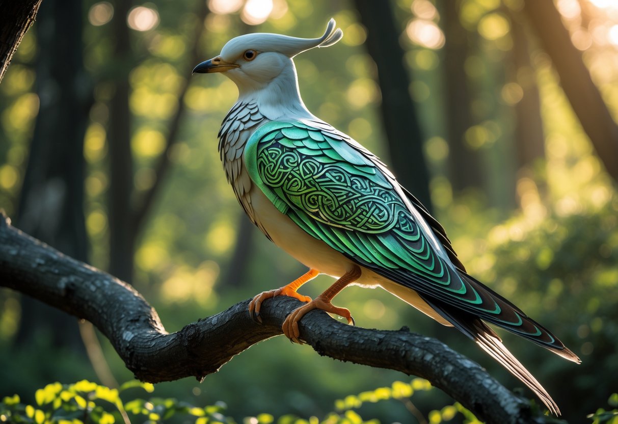 A bird with intricate Celtic knotwork patterns perched on a branch in a forest setting.