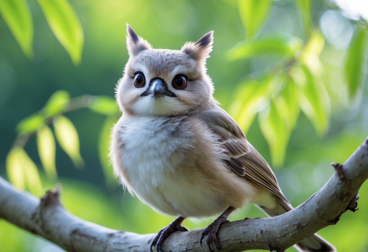 A close-up of a bird perched on a branch with expressive eyes and detailed feathers in a natural outdoor setting.