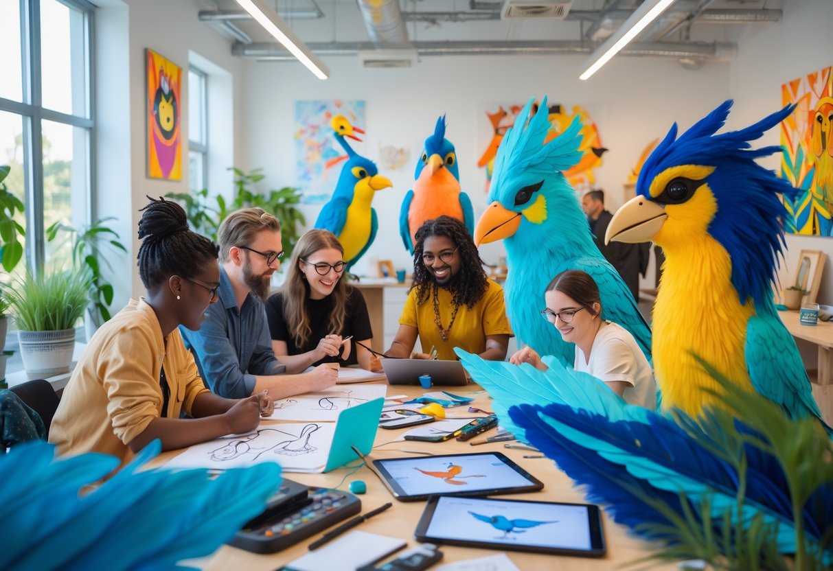 A group of people in a bright studio creating and discussing bird-inspired furry character designs with art supplies and digital tablets.