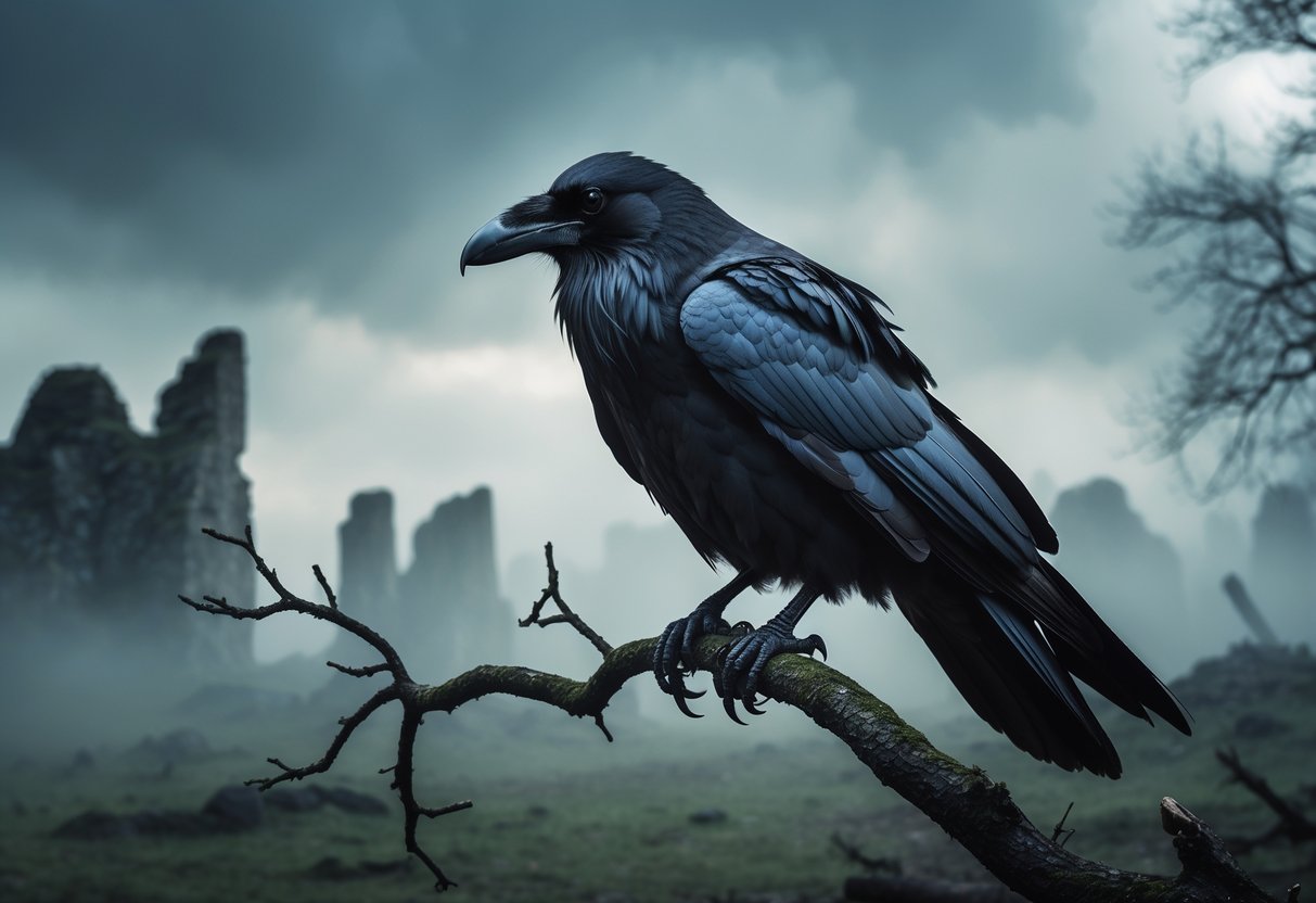 A dark raven perched on a bare branch with a foggy, ruined landscape in the background under a cloudy sky.