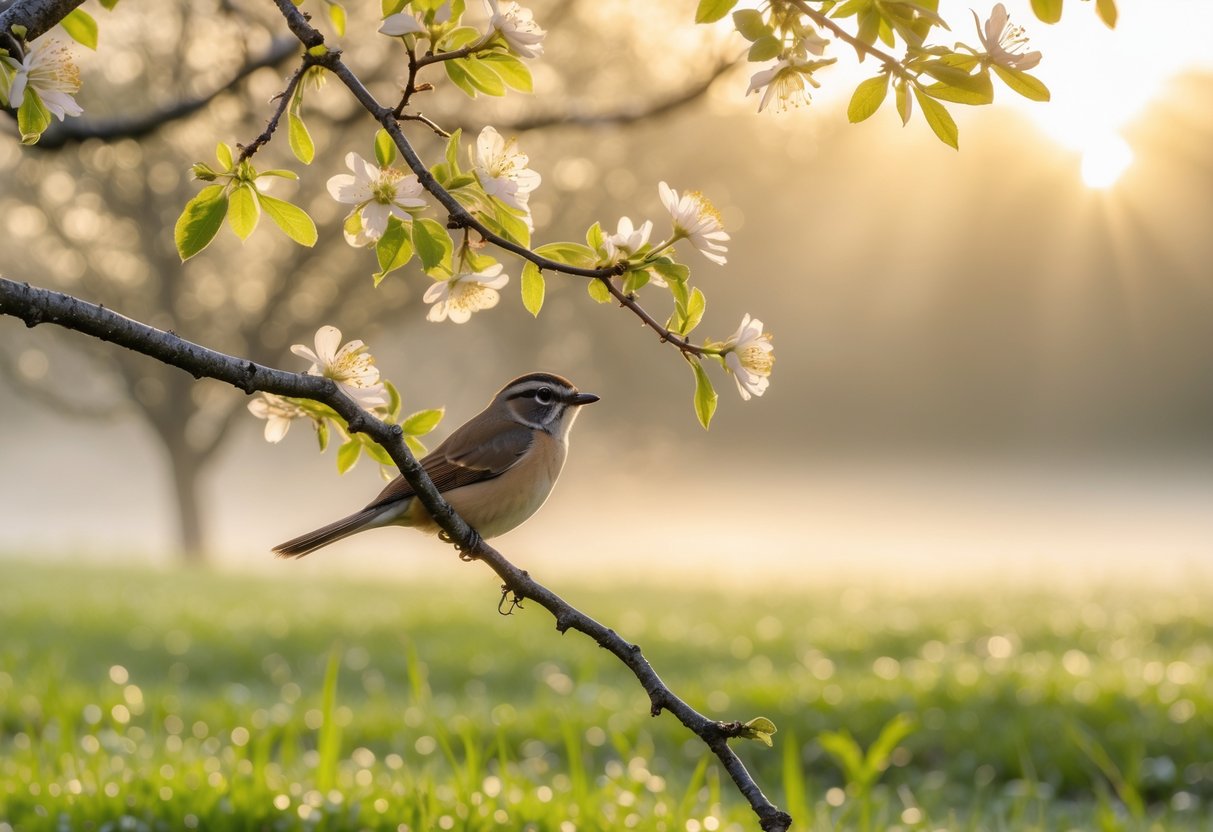 A small bird perched on a tree branch in a peaceful morning landscape with soft sunlight and mist over a meadow.