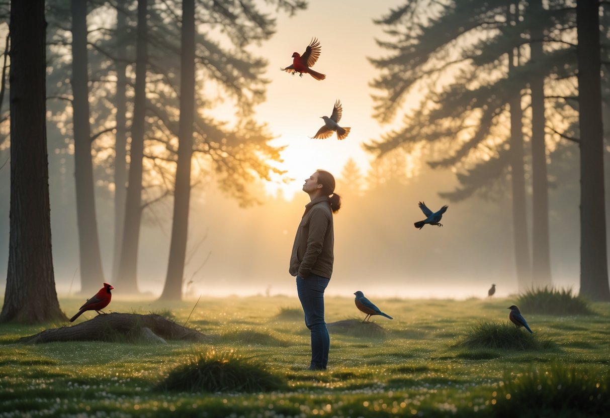 A person standing in a forest clearing at sunrise, looking up at several birds perched on branches and flying nearby.