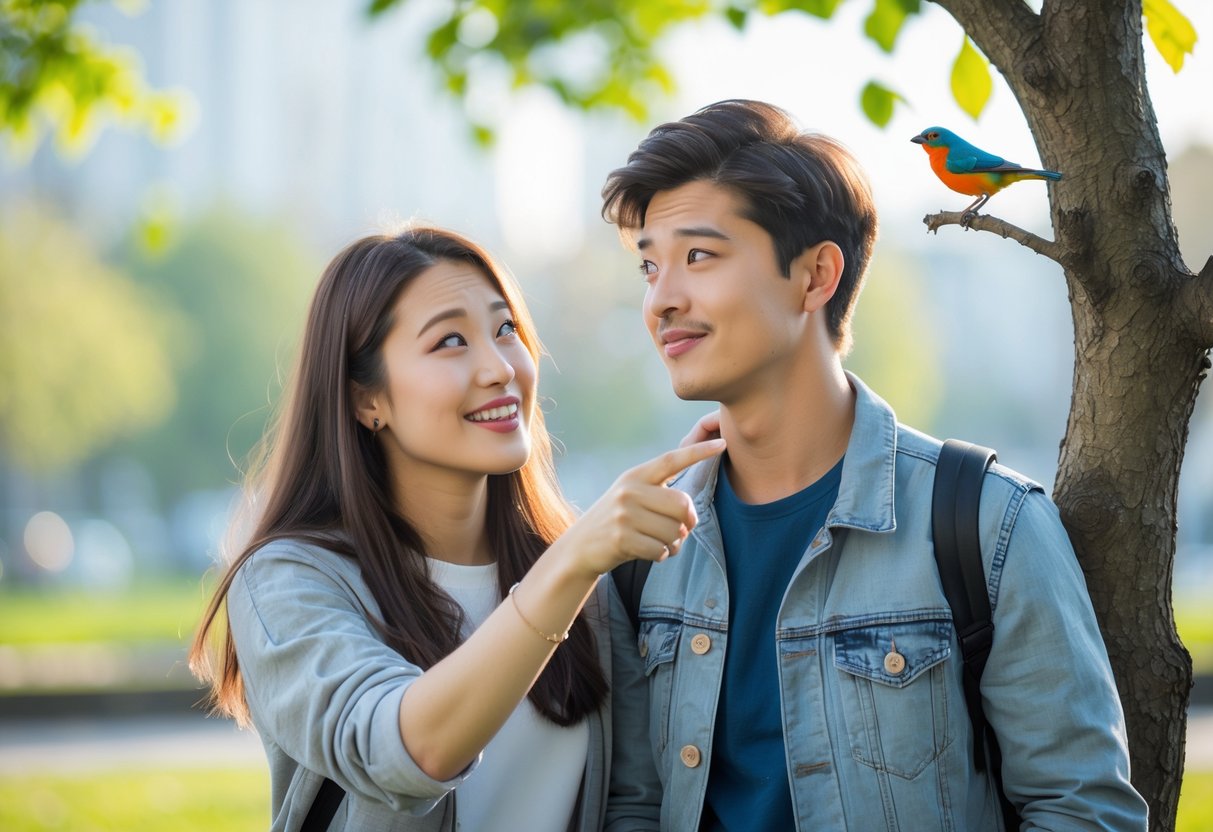 A young woman playfully points at a bird on a tree branch while a young man looks at it with amusement in a park.