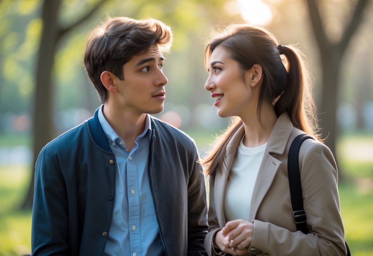 A young man and woman talking outdoors in a park, the man looks curious and the woman smiles gently.