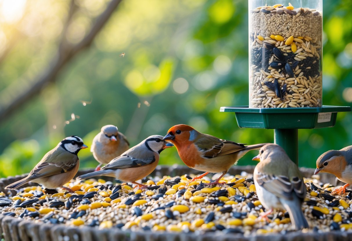 Several small birds eating seeds from a bird feeder surrounded by green plants.