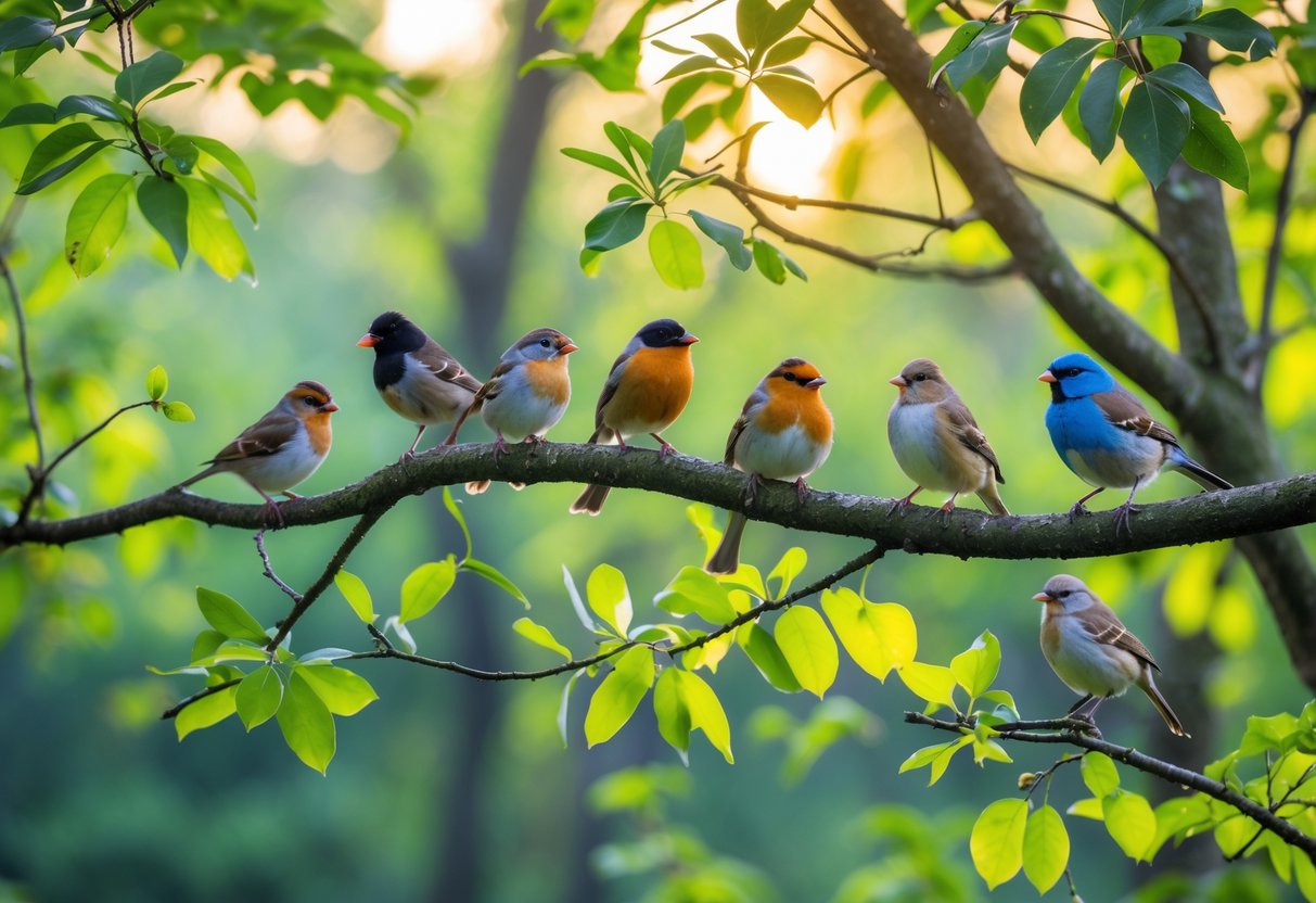 Several colorful birds perched on tree branches in a green forest during daylight.