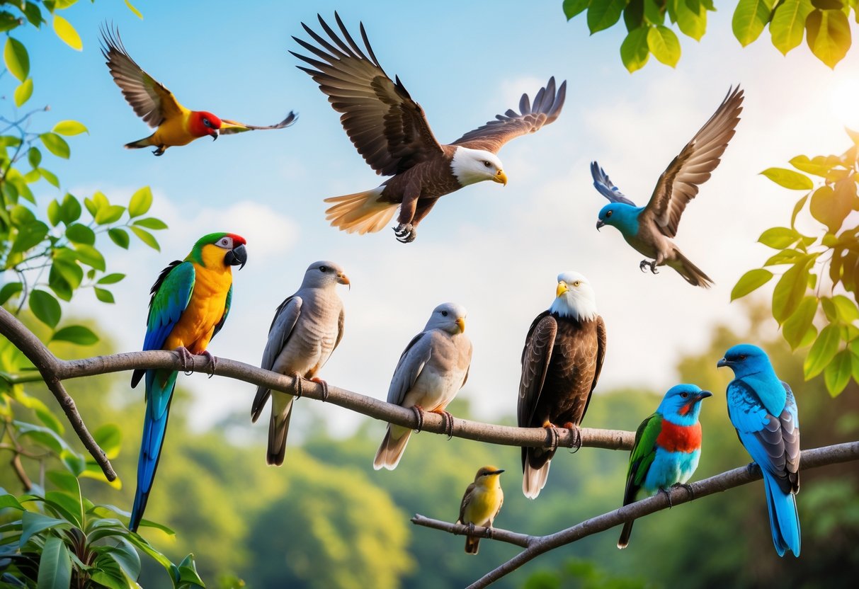 A group of different bird species perched and flying in a green forest with sunlight filtering through the leaves.