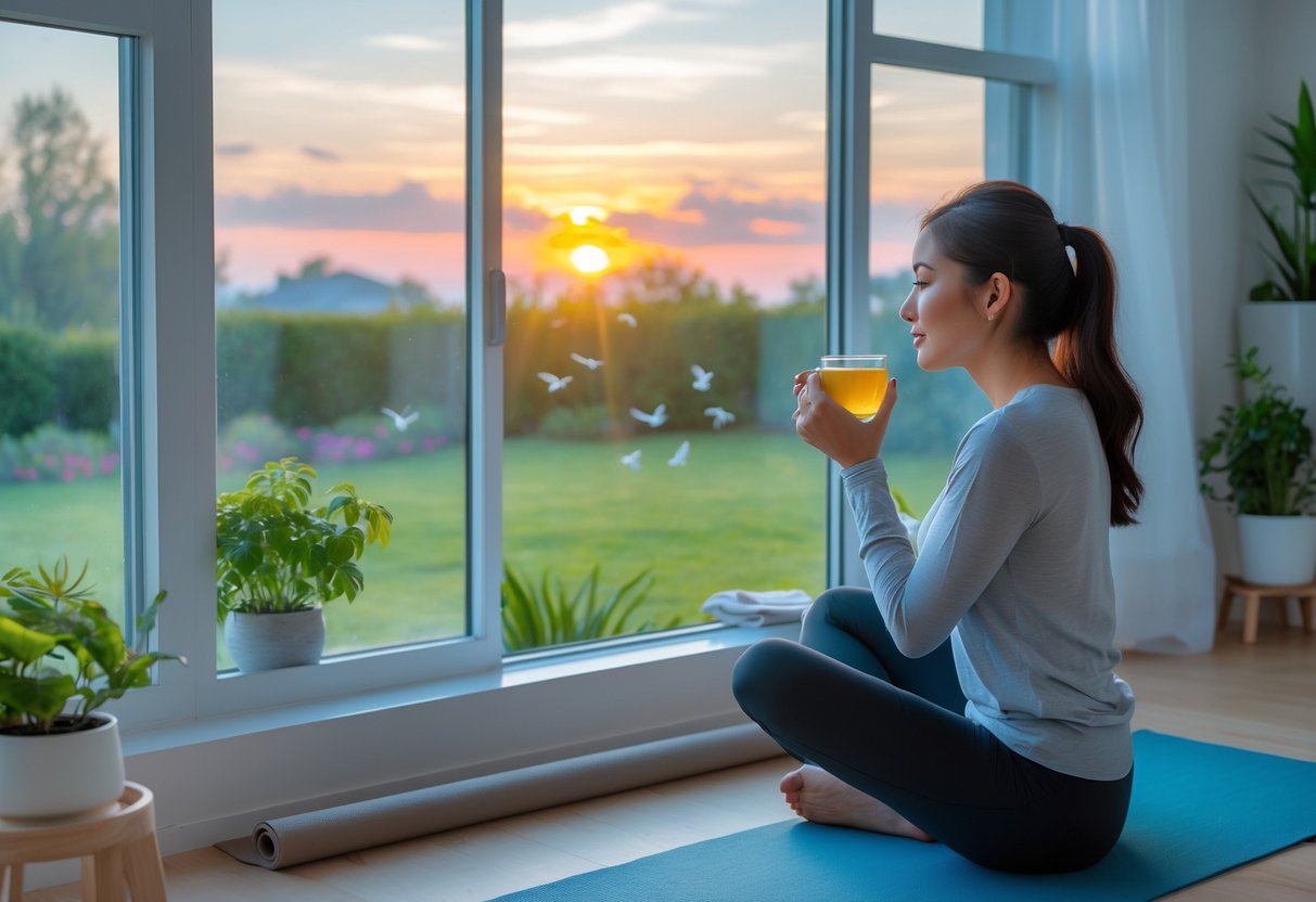 A young woman sitting by a window in the morning, drinking tea and looking outside at a sunrise over a garden with birds.
