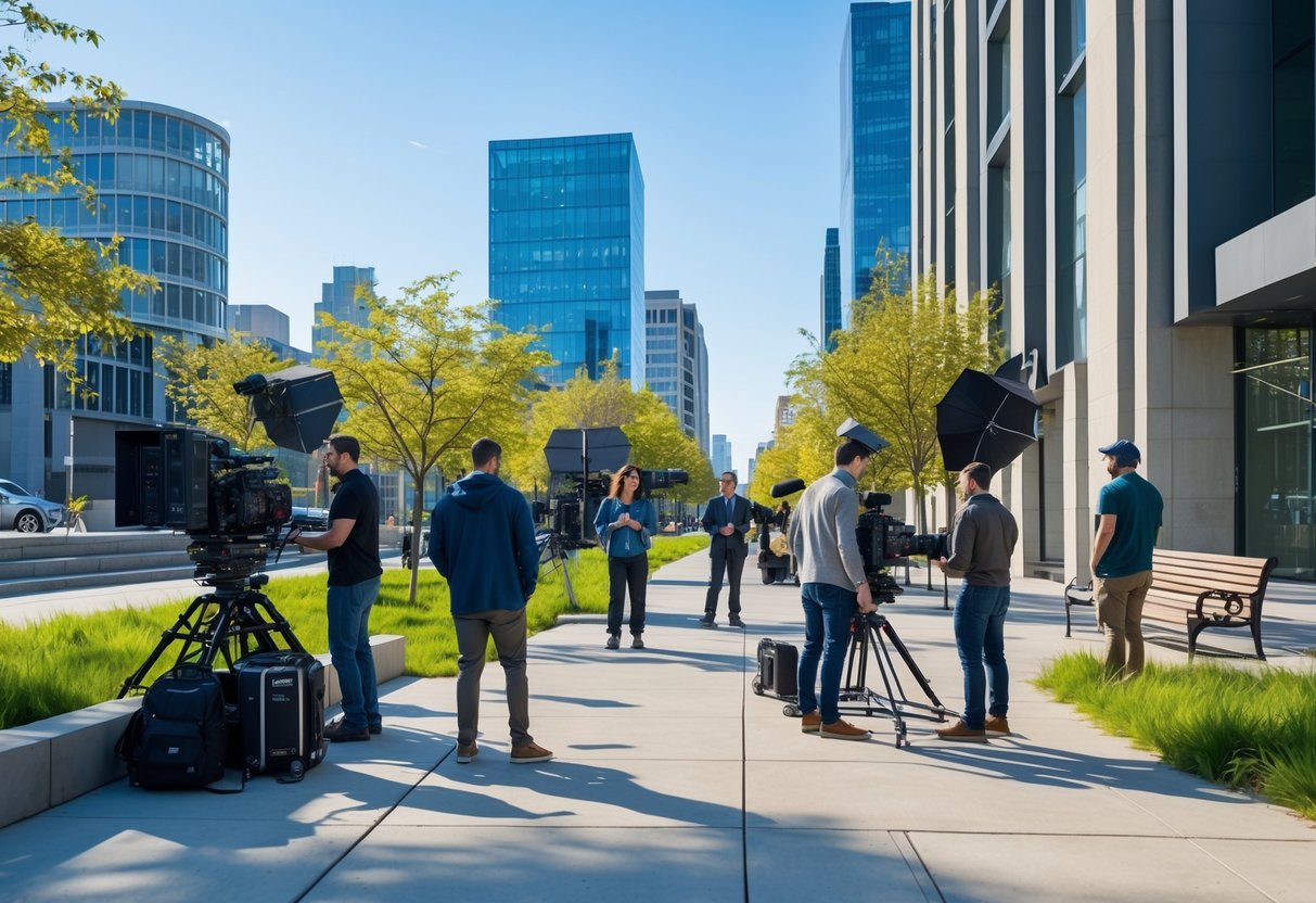 Film crew and actors preparing for a scene on a city street near a park with modern buildings in the background.