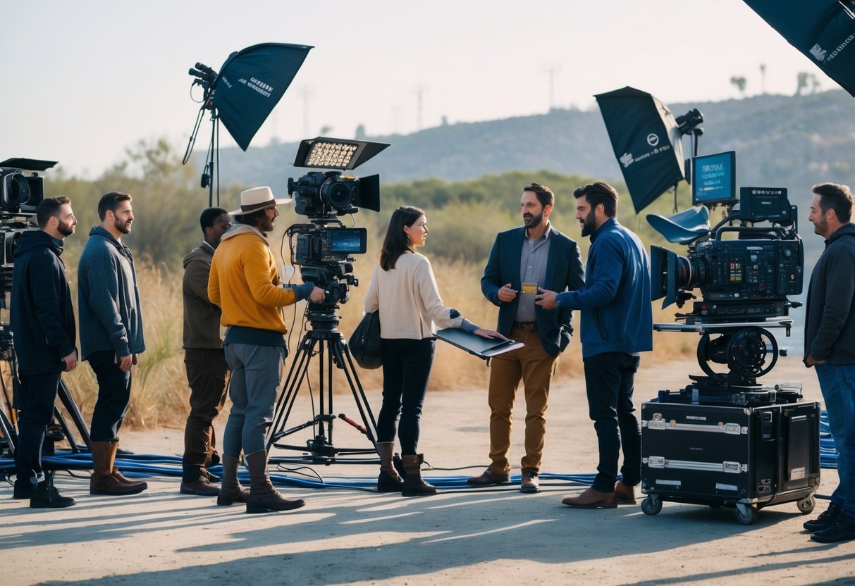 Film crew and actors working together on an outdoor movie set with cameras and lighting equipment.