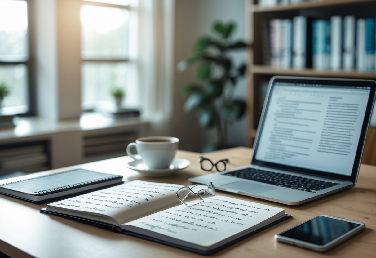 A modern office desk with an open notebook, laptop, coffee cup, and reading glasses in natural light.