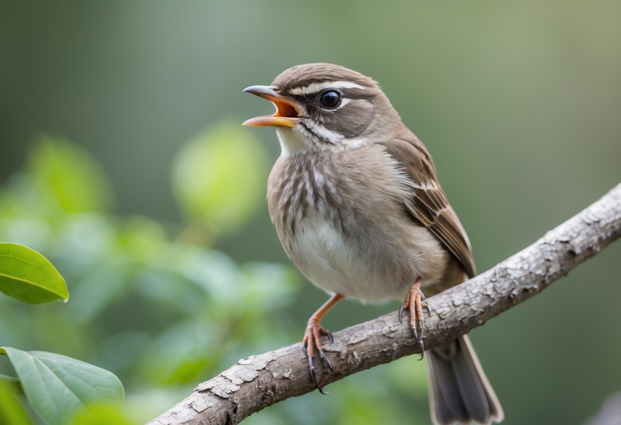 A small bird perched on a branch looking directly at the camera with an intense gaze and slightly ruffled feathers.