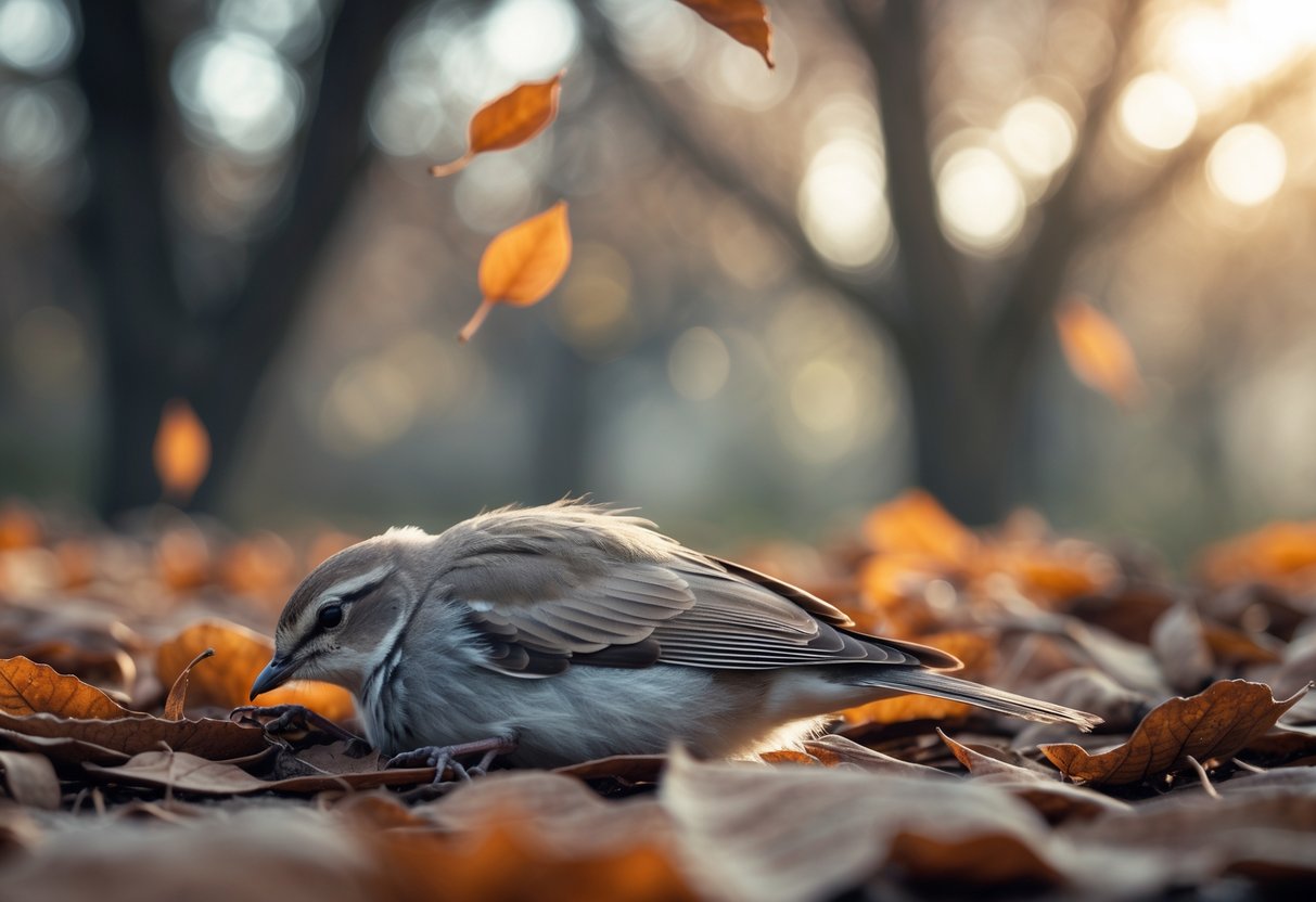 A small lifeless bird lying on autumn leaves in a quiet forest setting.