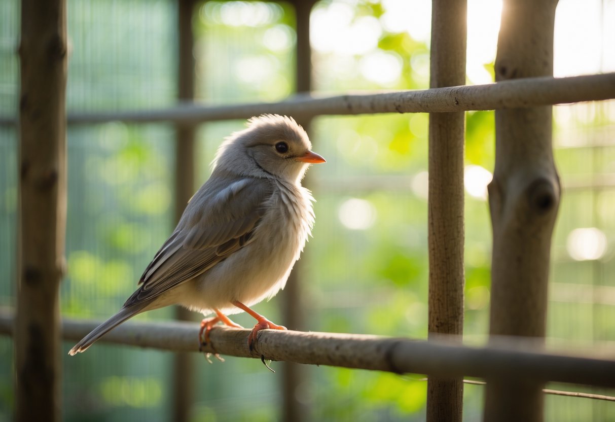 A small bird perched quietly inside a sunlit aviary, looking calm but subdued.