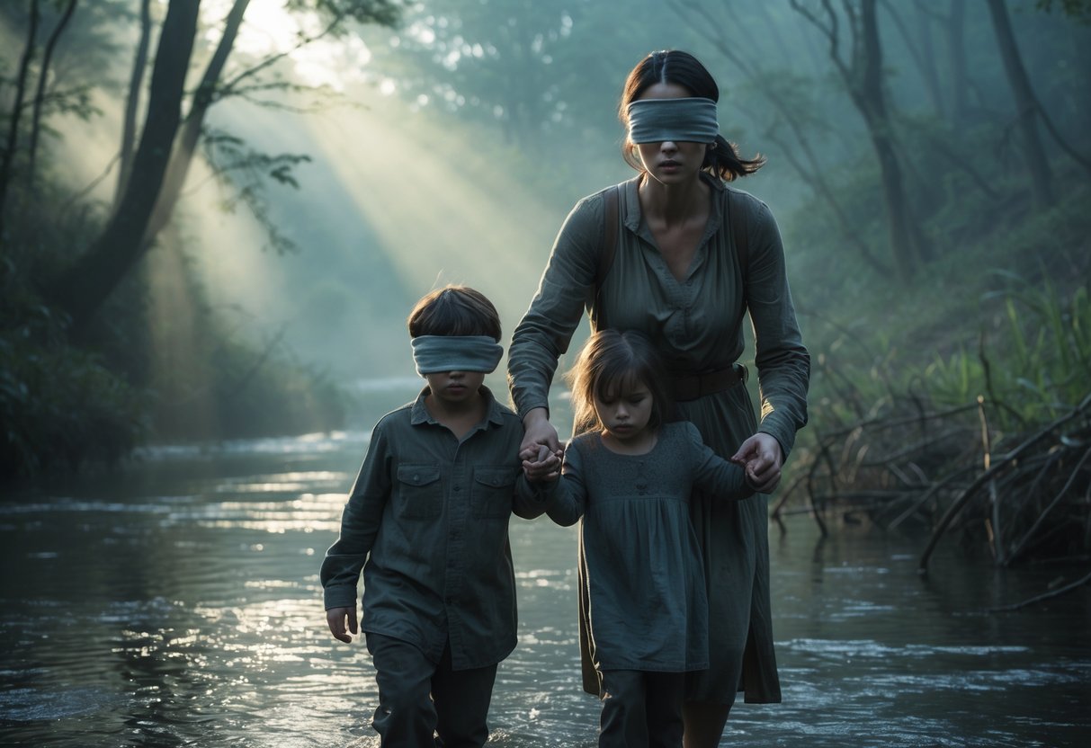 A blindfolded woman holding hands with two blindfolded children walking through a misty forest near a river.