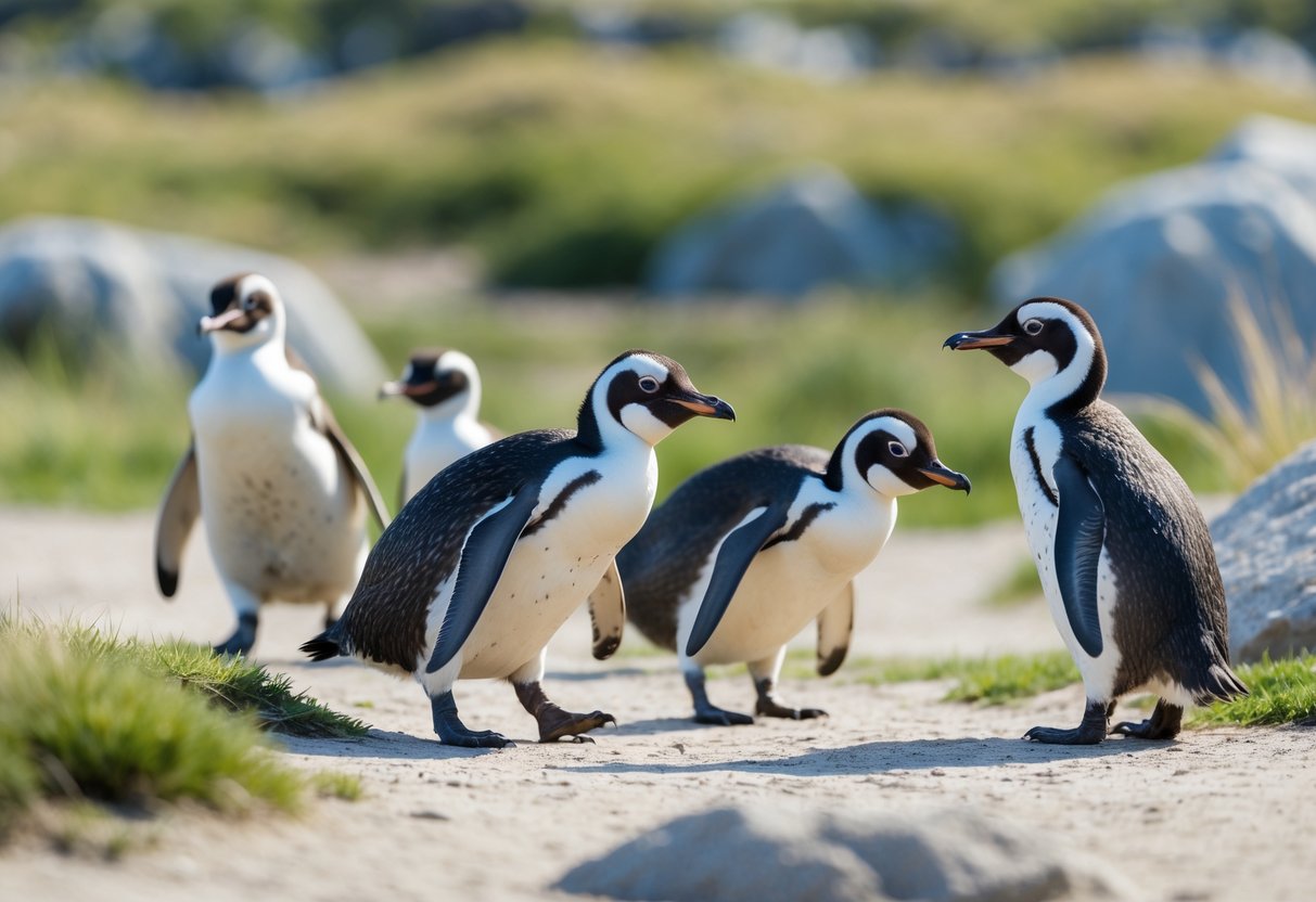 Flightless birds like penguins and ostriches resting and walking peacefully in a natural outdoor setting.