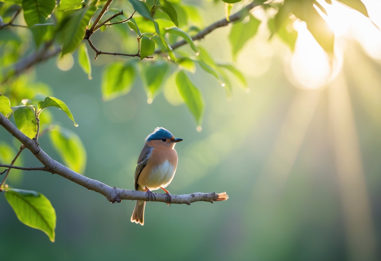 A small colorful bird perched on a tree branch surrounded by green leaves with sunlight filtering through.