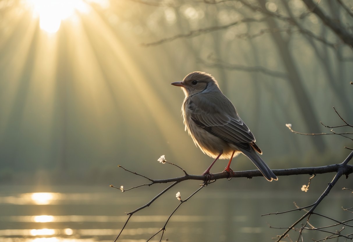 A solitary bird perched on a branch at sunrise with a misty forest and calm water in the background.