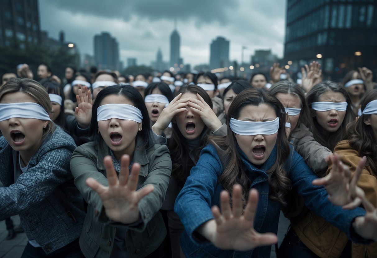 A group of people in a city covering their eyes or wearing blindfolds, looking scared and confused.