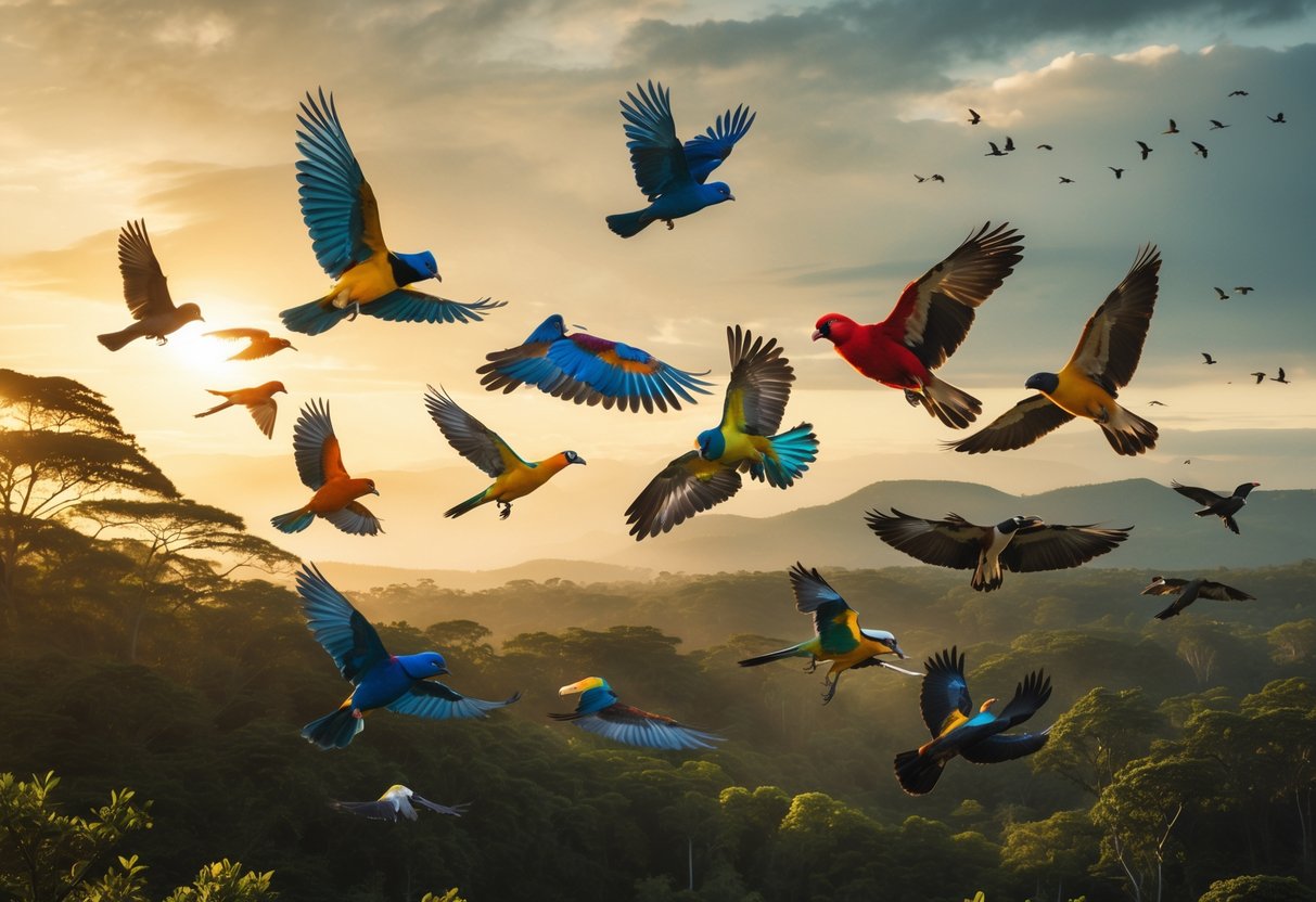 A group of colorful birds flying over a forest with mountains in the background during sunset.