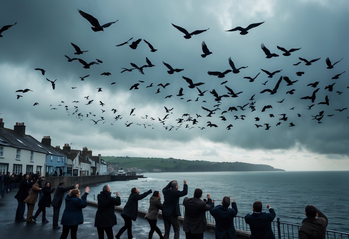 People on a coastal town street looking up as many birds fly overhead under a cloudy sky.
