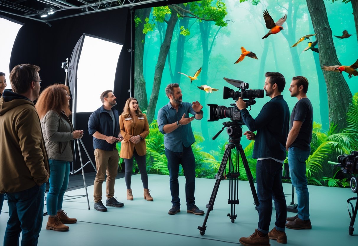 Filmmakers and actors on a movie set preparing to shoot a scene about birds, with camera equipment and a forest background.