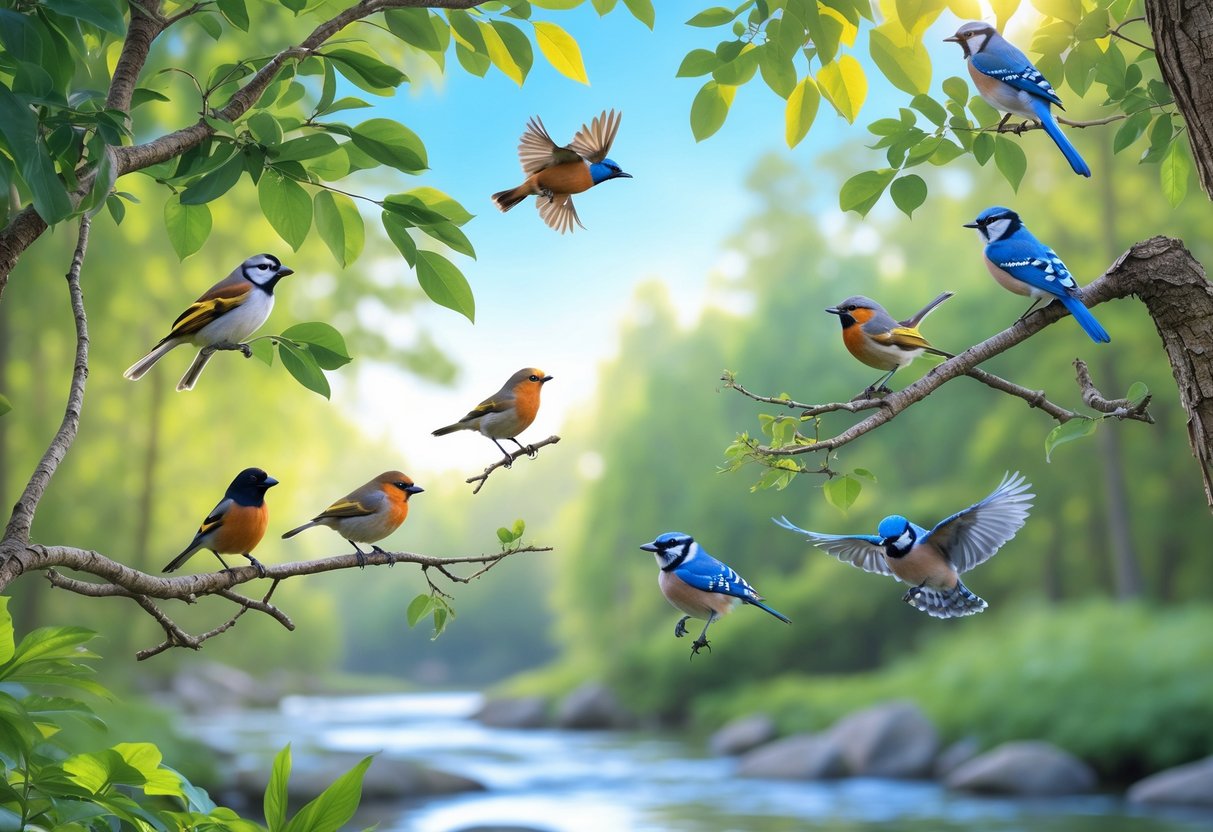 A group of colorful birds perched on tree branches and flying over a green forest with a river in the background.