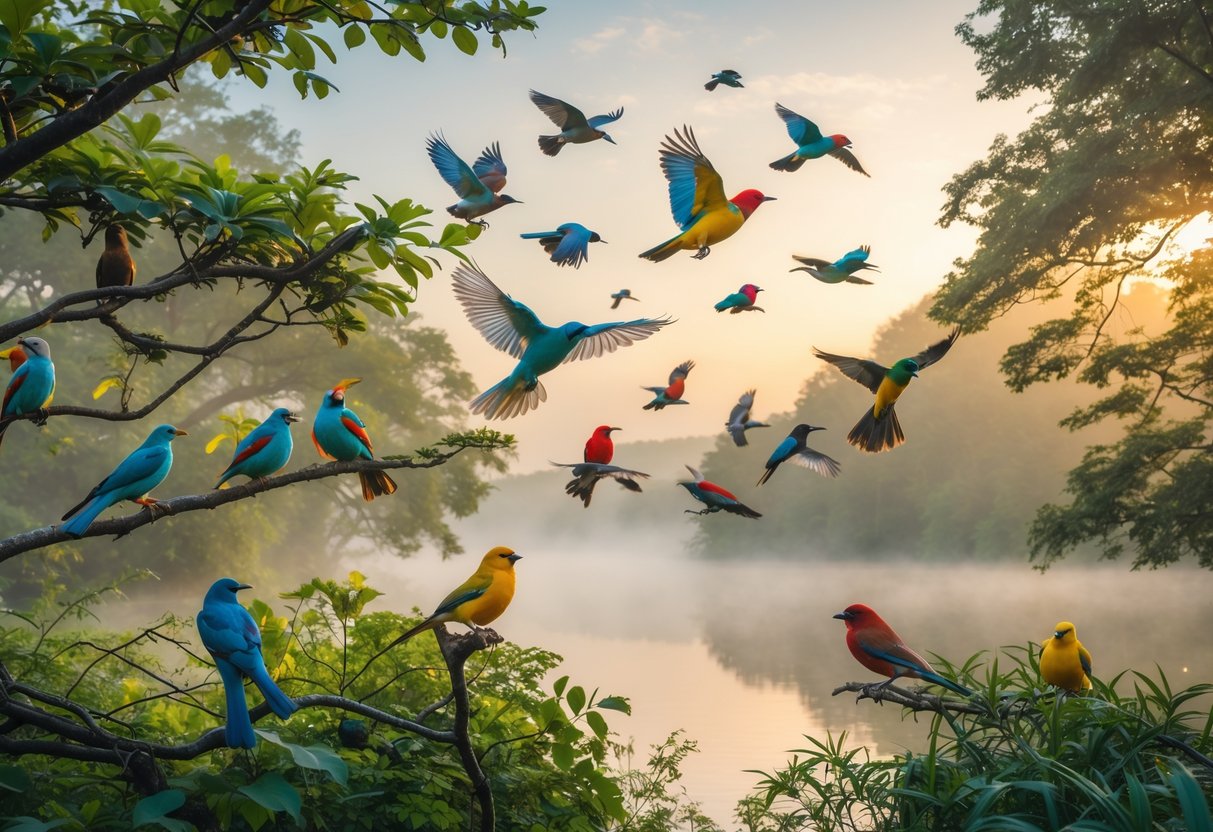 A group of colorful birds perched on tree branches and flying over a calm lake surrounded by trees at dawn.