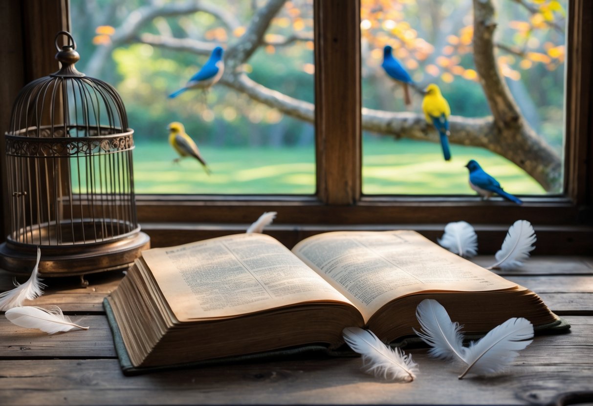 An open vintage book on a wooden table near a window with bird feathers and a birdcage, overlooking a garden with birds on branches.