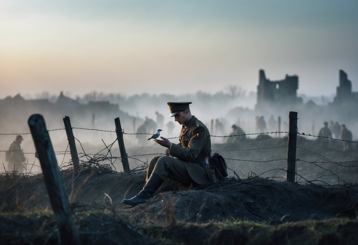 A lone soldier in World War I uniform sitting in a trench holding a small bird, with a misty battlefield and ruined buildings in the background at dawn.